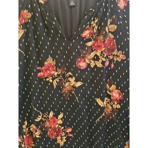 SIMPLY VERA VERA WANG Black Floral Metallic Dot Long Sleeve V Neck Blouse XL - Picture 2 of 6